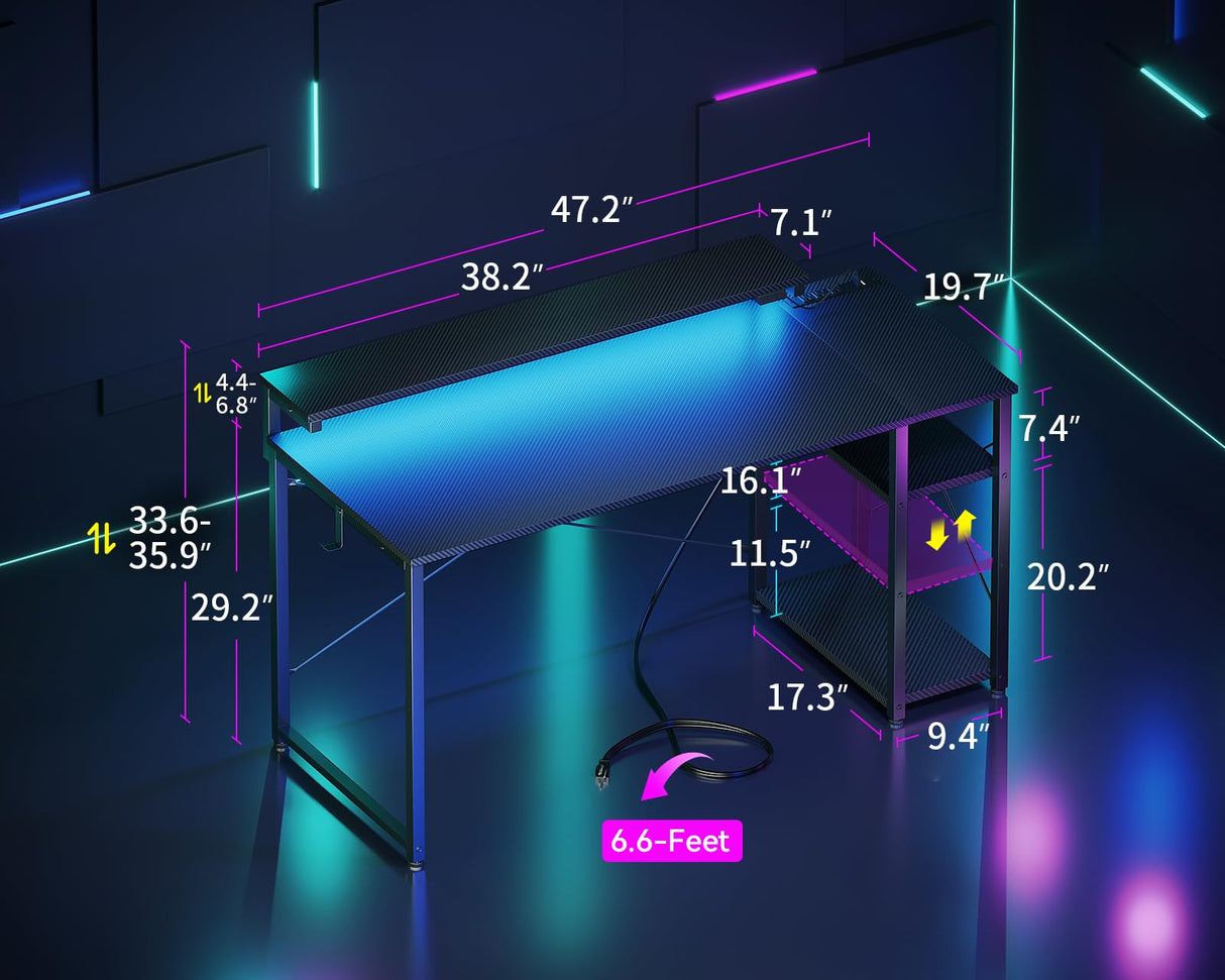 MOTPK Gaming Desk with Led Lights & Power Outlet, 47 Inch Gaming Computer Desk with Shelves, Reversible Gamer Desk Table with Adjustable Monitor Stand & Headphone Hook, Carbon Fiber Texture, Black MOTPK