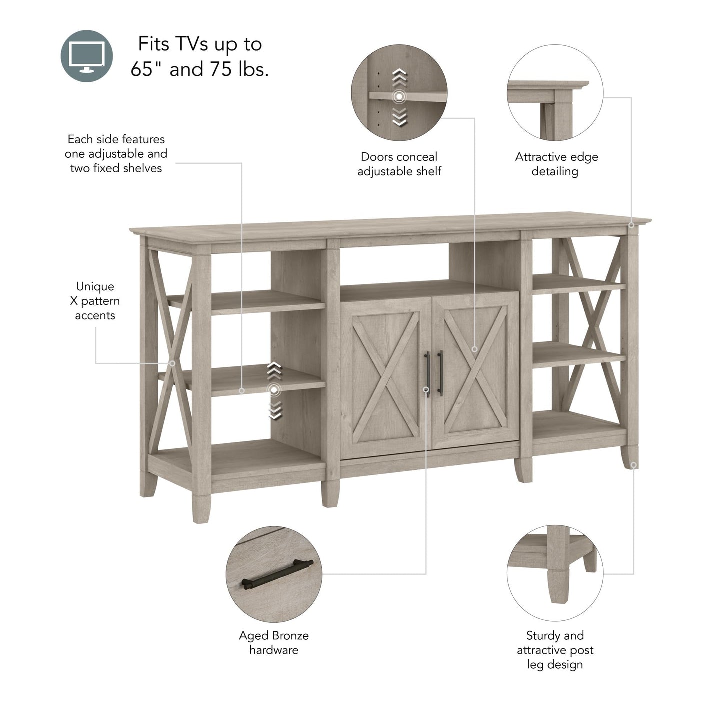 Bush Furniture Key West Tall Stand for 65 Inch TV, Farmhouse Entertainment Center with Storage, Washed Gray