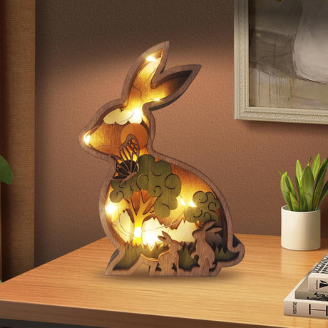 Drawelry 3D Wooden Animals Carving Home Decorative - Creative Wood Carved Lamp Farmhouse Wooden Animals Sculpture Ornaments Easter Birthday Gifts for Family Friend Son Dad (Rabbit, with Light) Drawelry