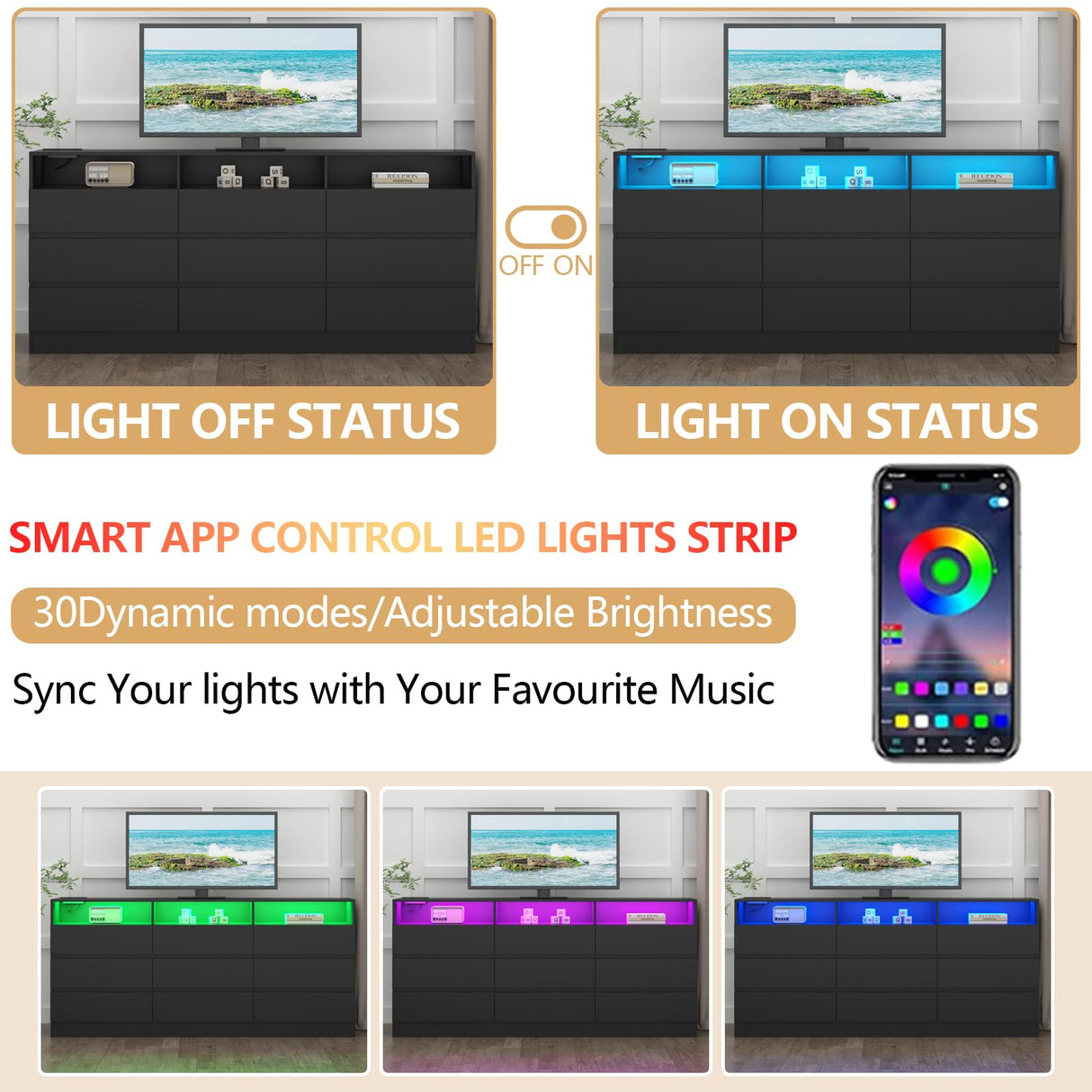 Loomie 9 Drawers Dresser, White Drawer Cabinet with Power Outlet, Accent Chests of Drawers with LED Light, Modern Storage Chest for Bedroom, Living Room (9 Drawers Black) Loomie