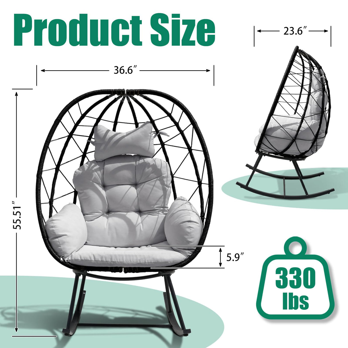 FKSLIFE Wicker Egg Chair Outdoor,Rocking Chair Outdoor with Cushion,330lb Capacity,All-Weather Rattan Patio Egg Chair Lounger for Room,Balcony,Backyard,Garden (Light Grey Cushion) FKSLIFE