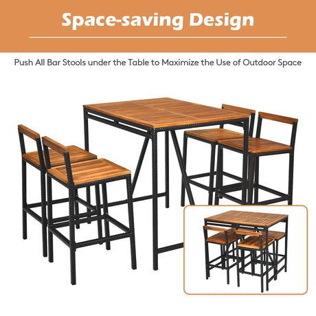 Tangkula 5-Piece Black Acacia Wood Bar Table Set with Rattan Stools and Umbrella Hole for Outdoor Spaces Tangkula
