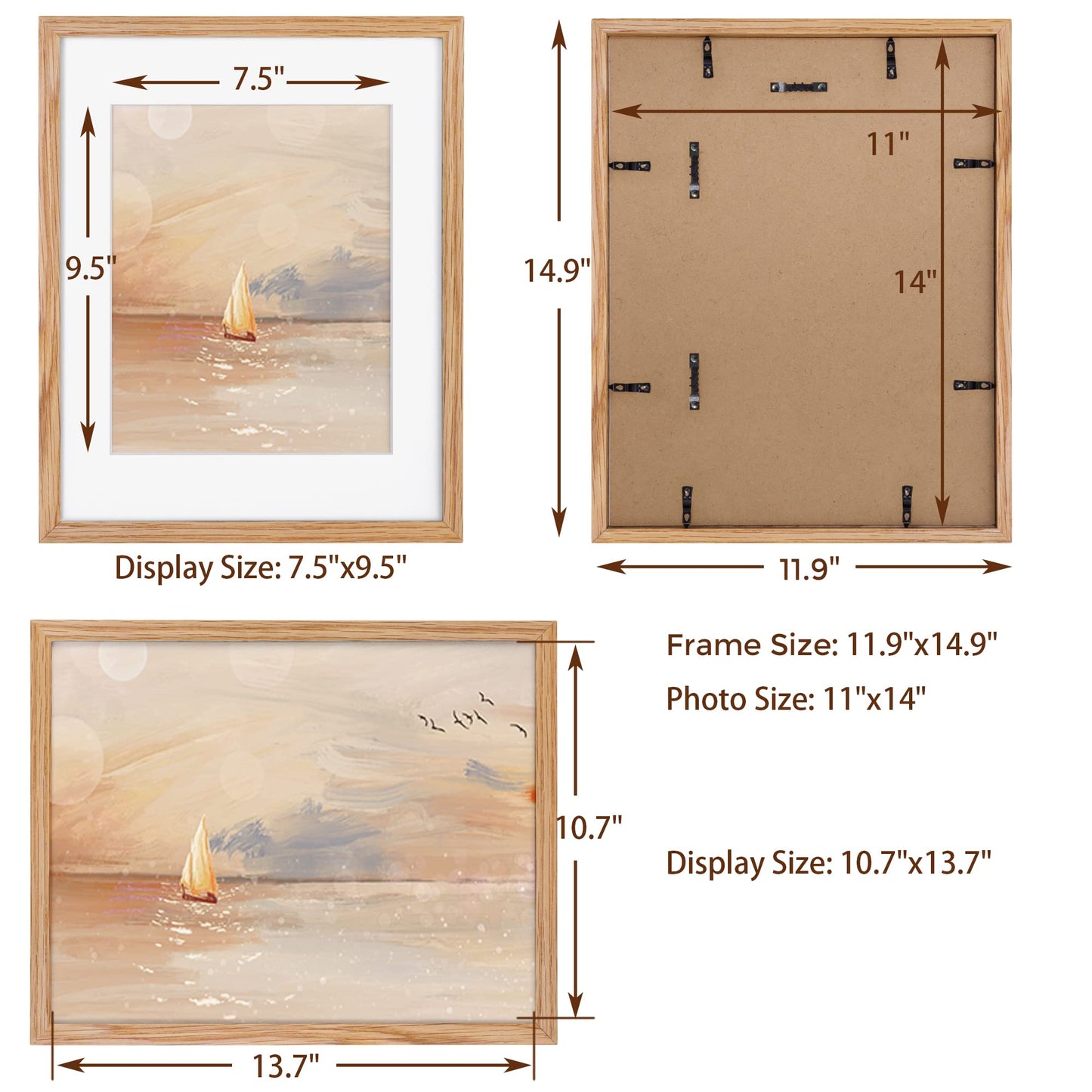 11x14 Picture Frame, 11"x14" Oak Wood Frame, 11x14 Picture Frame Set of 3, 11x14 Frame with Mat for 8x10, Real Tempered Glass, 11 x 14 Photo Frame for Wall (Natural Oak Color, 3 Pack)