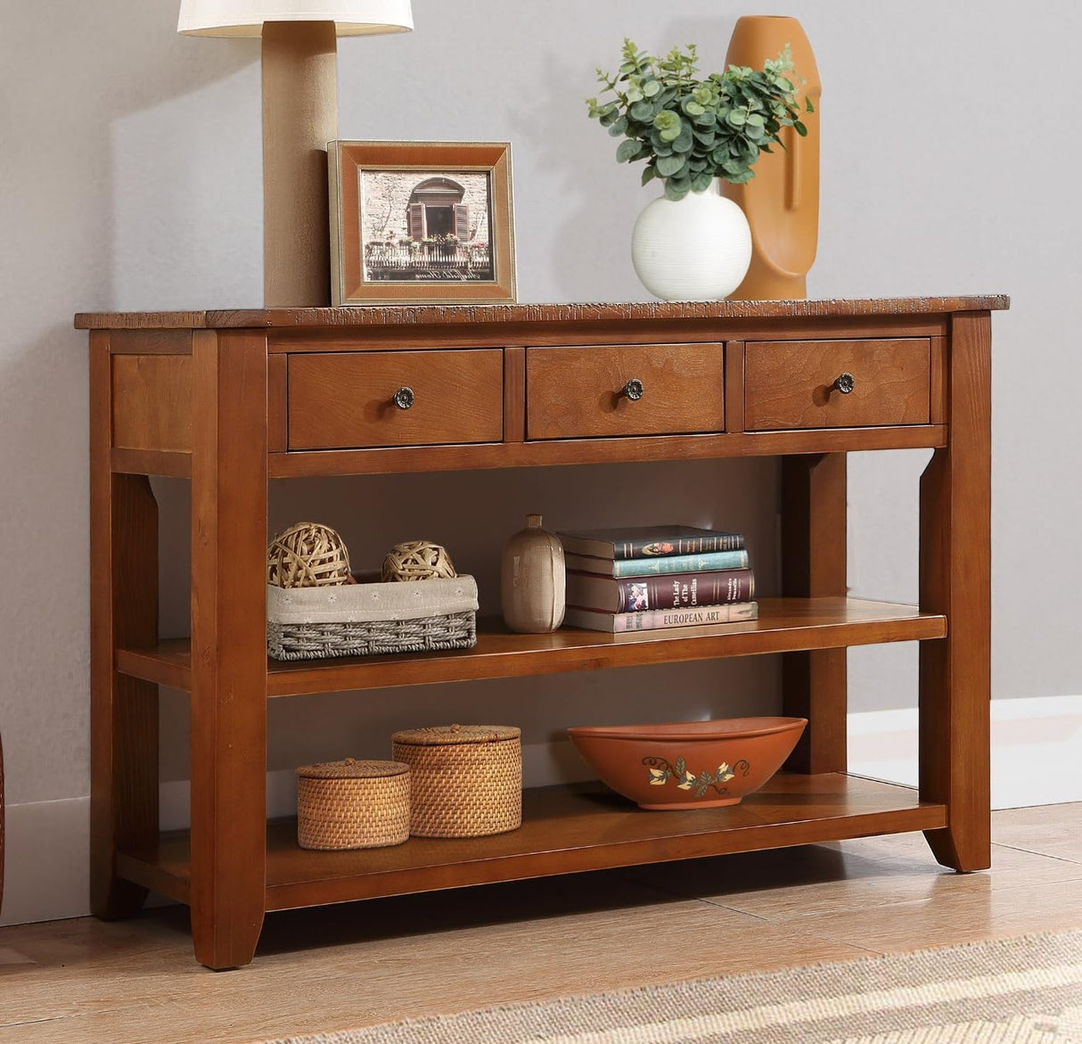 YWUFUART 48 Inch Solid Wood-Console Table-Sofa Table-Storage Cabinet with 3 Drawers and 2 Shelves for Entryway Hallway Living Room (Brown) YWUFUART