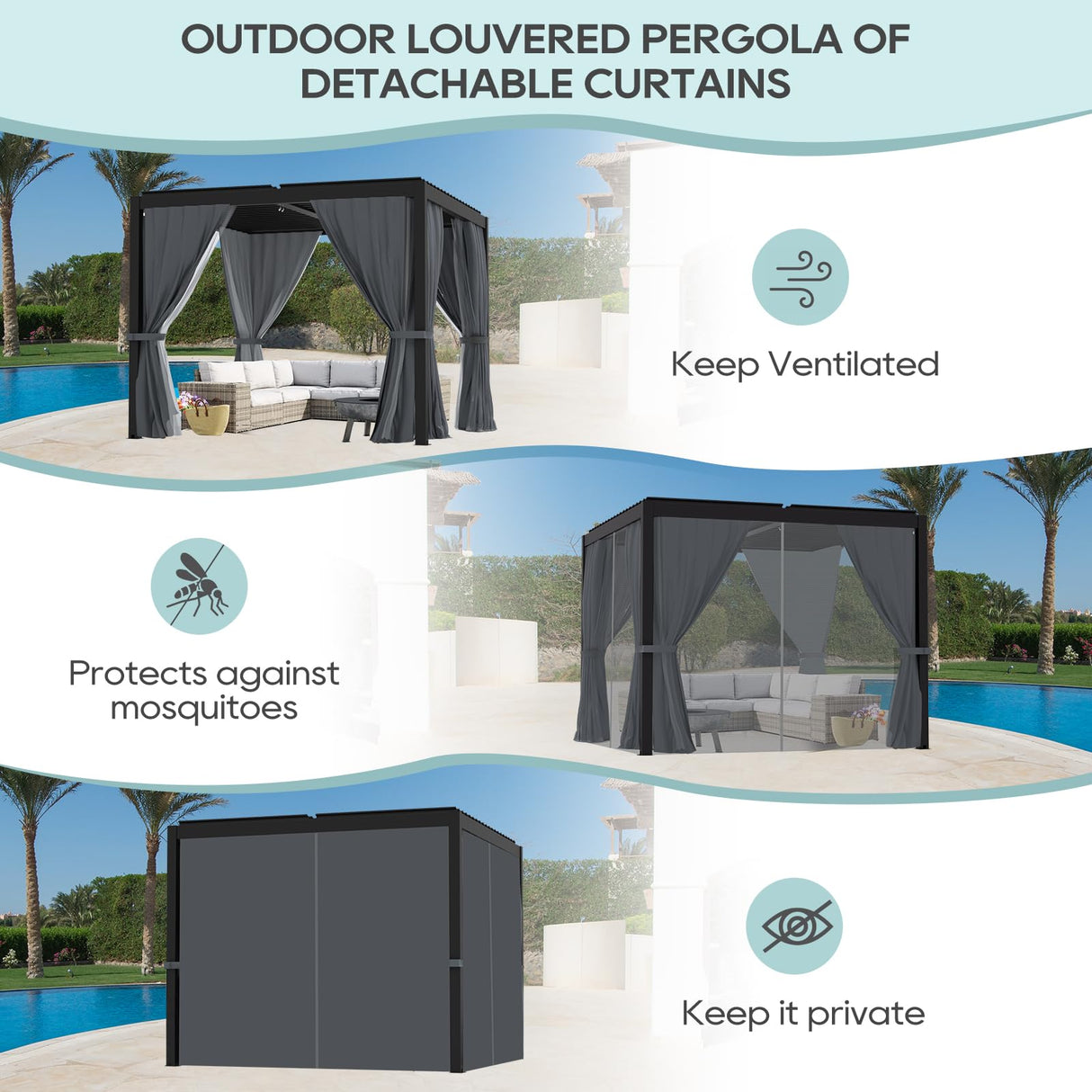 LVUYOYO Louvered Pergola 10' x 10', Outdoor Pergola with Adjustable Roof, Patio Aluminum Frame Metal Gazebo with Curtains and Netting for Patio, Backyard, Garden, Deck (Black) LVUYOYO