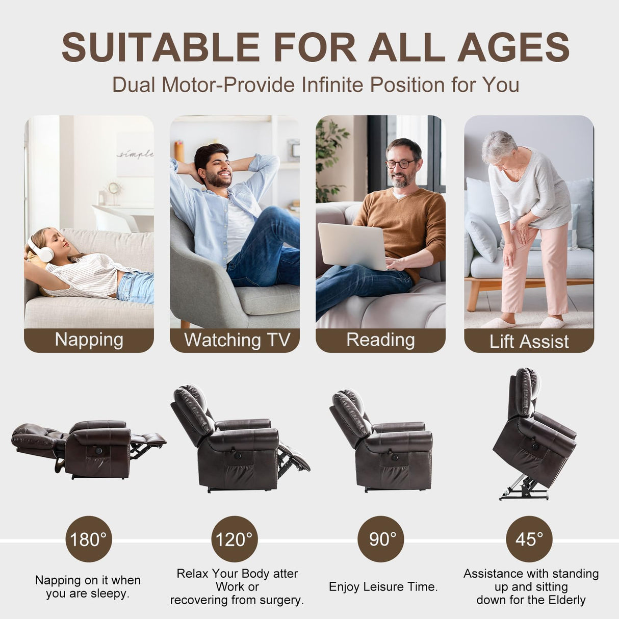 CDCASA Dual Motor Lay Flat Lift Chairs Recliners for Elderly with Massage and Heat, Breathable Leather Infinite Position Large Sleeping Electric Power Lift Chair Recliner for Seniors, Brown CDCASA