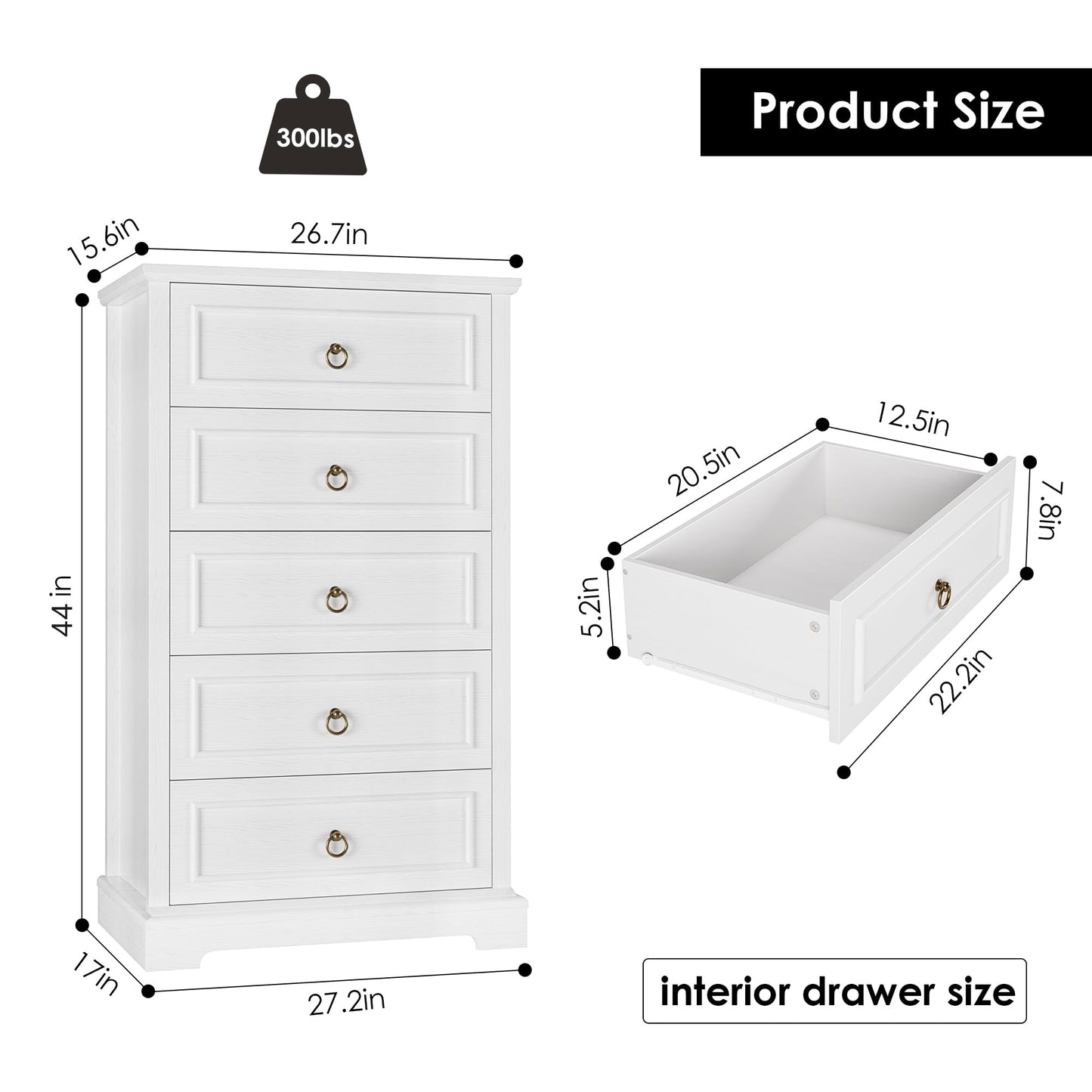 HOSTACK Dresser for Bedroom, 44" Tall Dresser with 5 Drawers, White Chest of Drawers with Storage, Modern Farmhouse Wood Dressers for Closet, Living Room, Hallway - WoodArtSupply