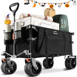 Uyittour Collapsible Folding Wagon Cart Heavy Duty Foldable, Beach Wagon with Big Wheels for Sand, Utility Grocery Wagon with Side Pocket and Brakes for Camping Sports Outdoor Activities, Black Uyittour