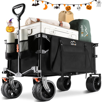 Uyittour Collapsible Folding Wagon Cart Heavy Duty Foldable, Beach Wagon with Big Wheels for Sand, Utility Grocery Wagon with Side Pocket and Brakes for Camping Sports Outdoor Activities, Black