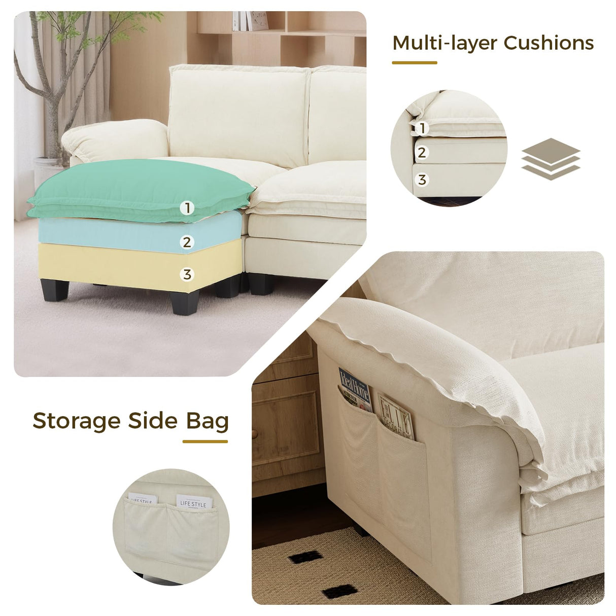 KKL J-Shaped Modular Sectional Sofa, 5 Seater Cloud Couch with Ottoman, Chenille Sectional Couches for Living Room, Apartment, Beige KKL