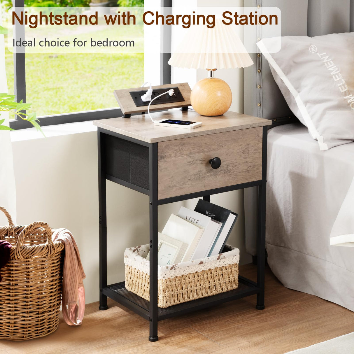 AMHANCIBLE Night Stand, End Tables Living Room Set of 2, Small Nightstand with Charging Station, Slim Bed Side Table with Fabric Storage Drawer for Bedroom, Small Space, Greige, HET03SDPGY AMHANCIBLE