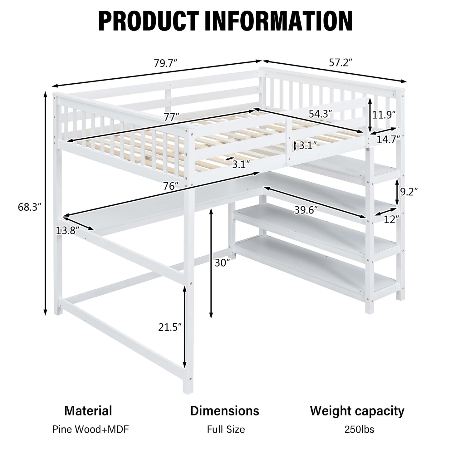 Merax Wood Loft Bed with Desk and Shelves : Full Size Loft Bed with 4-Storage Shelves and Under-Bed Desk,Solid Wood Bed, Full Size,White Color