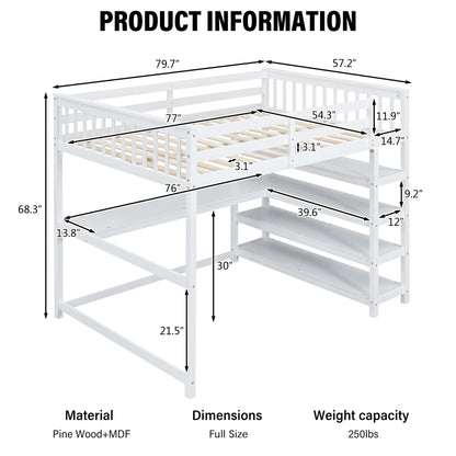 Merax Wood Loft Bed with Desk and Shelves : Full Size Loft Bed with 4-Storage Shelves and Under-Bed Desk,Solid Wood Bed, Full Size,White Color