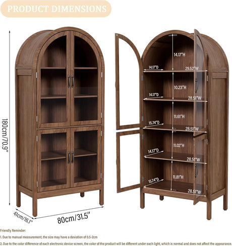 70.9'' Tall Arched Kitchen Pantry, Modern Farmhouse Wood Kitchen Pantry Storage Cabinets with Acrylic Glass Doors and Shelves, Versatile Cupboard for Dining Room, Bathroom, Living Room (Walnut) Limaoaio