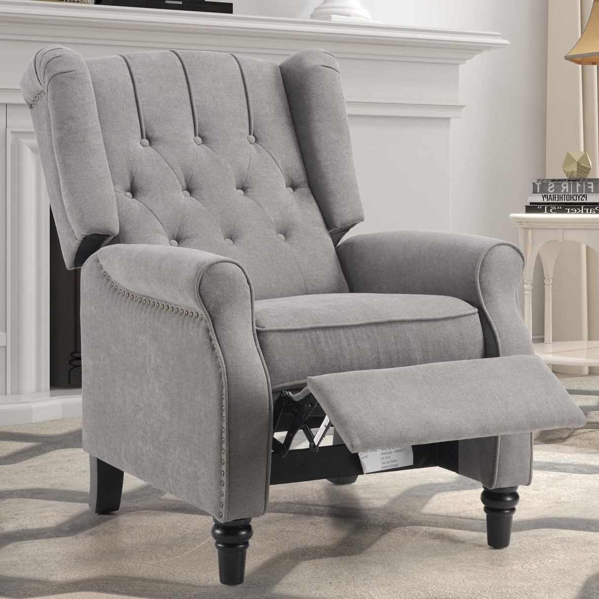 EBELLO Pushback Recliner Chair, Fabric Armchair Push Back Recliner with Rivet Decoration, Mid Century Wingback Accent Chair for Living Room, Bedroom, Grey EBELLO
