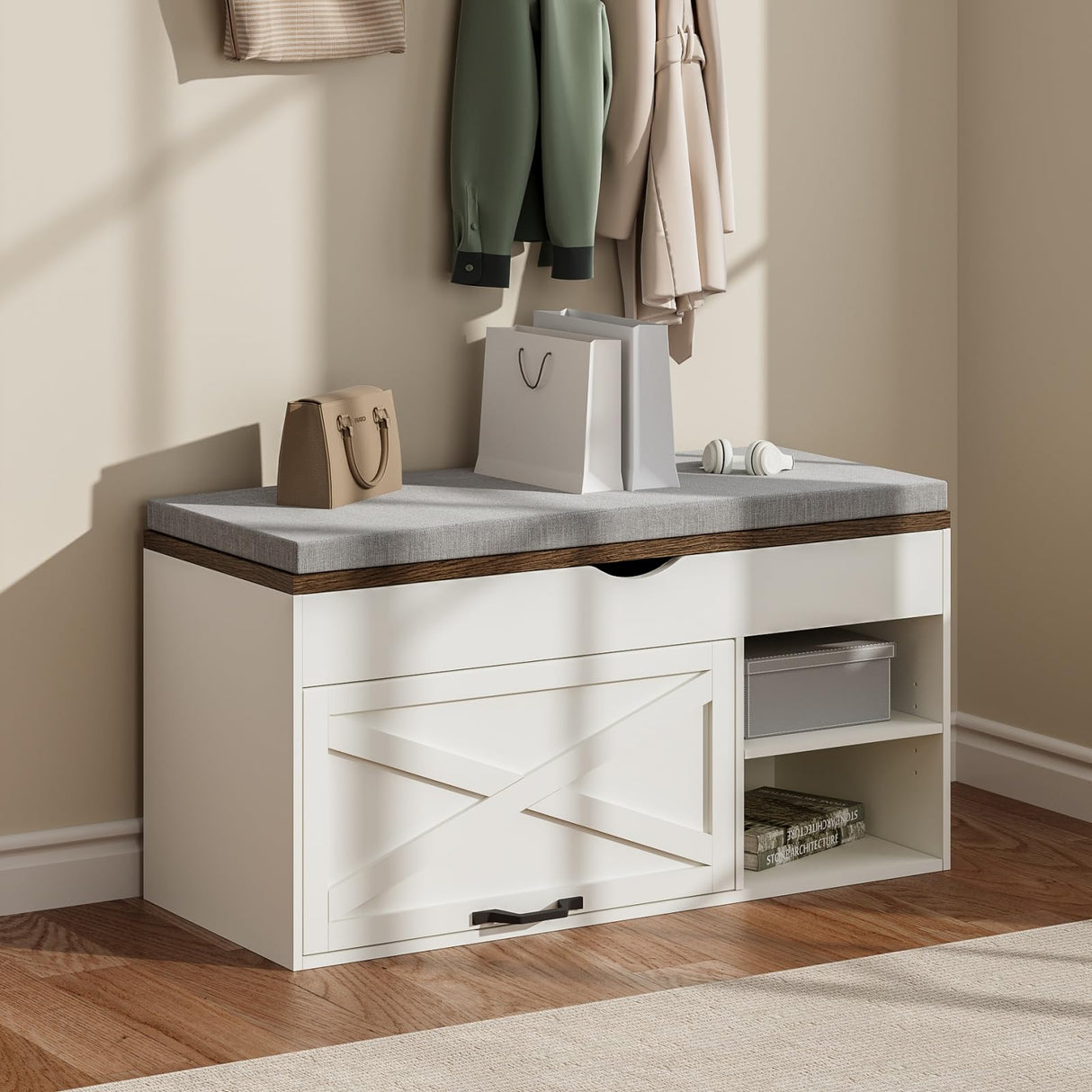 ChooChoo Storage Bench with Cushion, Shoe Bench with Lift Top Storage, Adjustable Shelf, Shoe Cabinet for Entryway, Living Room, Bedroom, Soft White & Brown ChooChoo