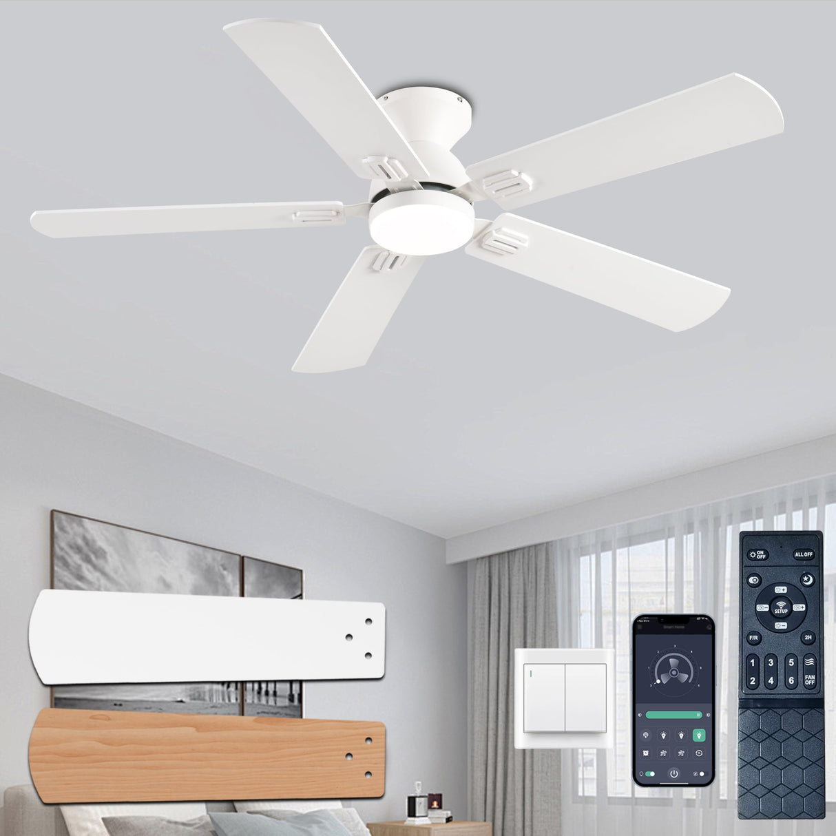 KNUN 52 inch Ceiling Fans with Lights, White Low Profile Ceiling Fan with Remote Control and App, Double-sided Fan Blades, 3CCT Dimmable LED, Noiseless, Flush Mount Ceiling Fan for Bedroom, Patio KNUN