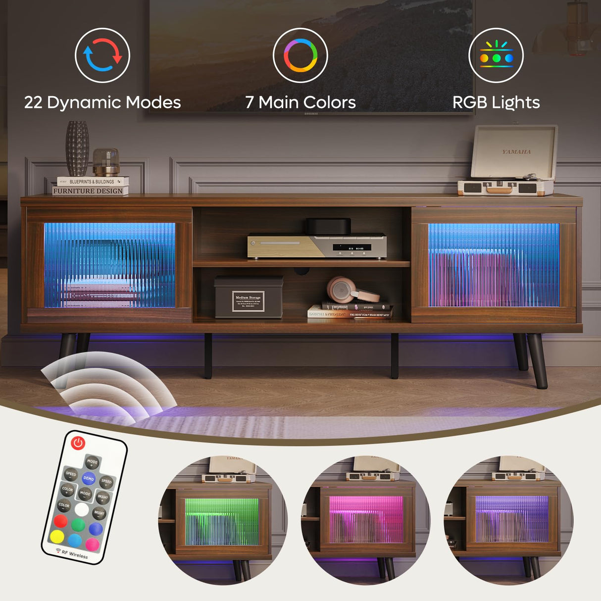 Bestier TV Stand for 75 Inch TV, 63” LED Entertainment Center with Sliding Acylic Doors, Modern TV Console with 2 Tier Storage Shelves, Media Console Table for Living Room Bedroom - Walnut Bestier