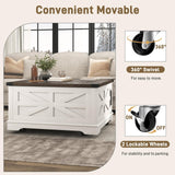 Hlivelood 36" Farmhouse Movable Lift Top Coffee Table with Storage and Power Outlets, Square Wood Living Room Tables with Wheels&Large Hidden Space, Lift Wooden Barn Door Center Table, White Hlivelood