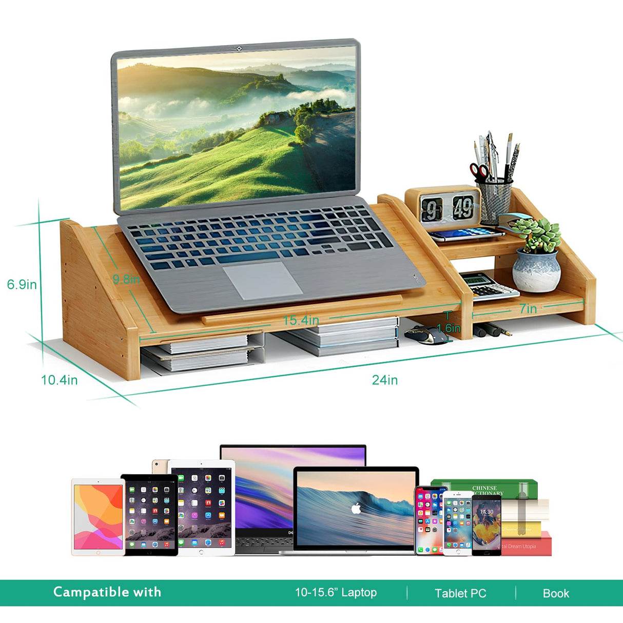 Ufine Bamboo Laptop Stand for Desk 3 Heights Adjustable Notebook Stand Computer Monitor Riser with 2 Tier Storage Shelf, Desktop Organizer Printer Stand for Home Office Ufine