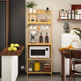 Trironsun Bamboo Bakers Rack with Charging Station 5-Tier Microwave Stand with Open Storage Shelves with 10 S-Shaped Hooks Coffee Bar Table Kitchen Utility Storage Shelf (Nature) Trironsun
