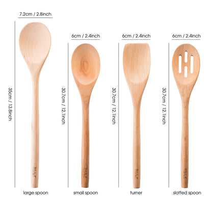 Wooden Spoons for Cooking Wooden Kitchen Utensil Set of 4 Beech Wood Non Scratch BILL.F Wooden Cooking Utensils Spatula Set Including Spoon, Turner,and Slotted Spoon with Long Handle