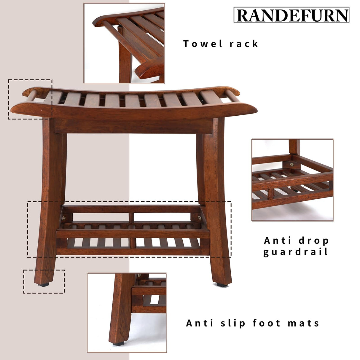 RANDEFURN 24“ Teak Shower Bench with Shelf,Teak Wood Shower Stool,Waterproof Wood Shower Chair for Elderly,2-Tier Wooden Shower Seat Spa Stool for Indoor and Outdoor Use.(24 x 13.4 x 18.3in, Brown) RANDEFURN