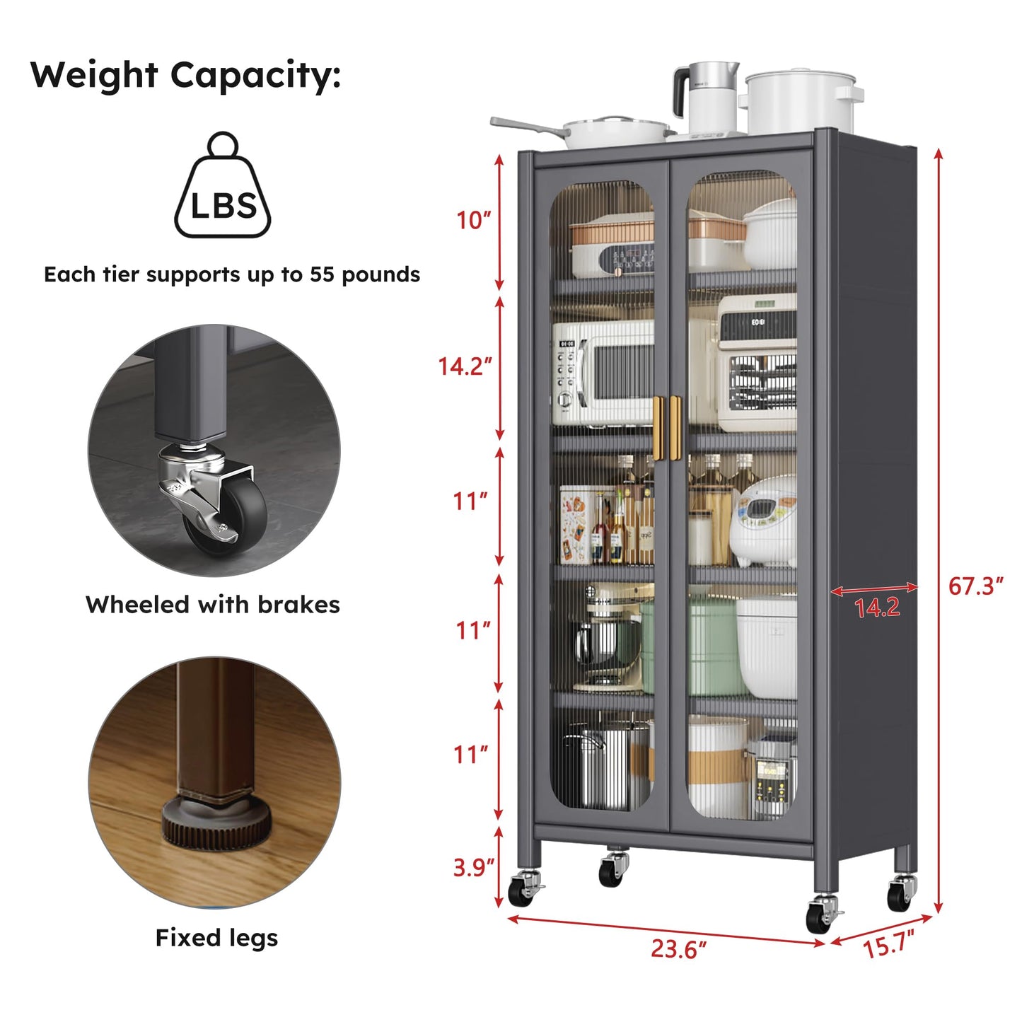 Runboll Kitchen Pantry Storage Cabinet, 6 Tier Metal Sideboard with Wheels and Acrylic Glass Door, Modern Display Curio Cabinet Bookcase