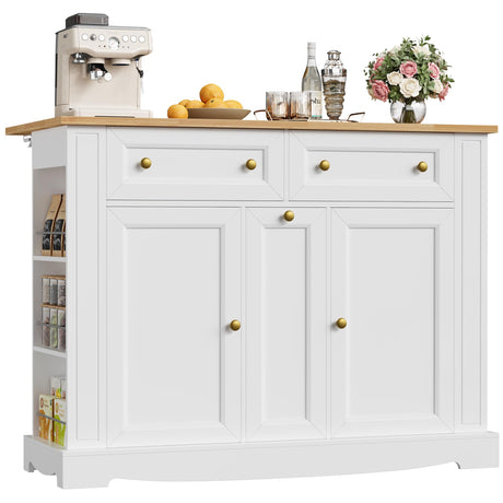 FACBOTALL Kitchen Island with Storage, Kitchen Cart with Drop Leaf Countertop, Island Table with Open Spice Rack, 2 Drawers & Pull-Out Slim Bar Cart, White FACBOTALL