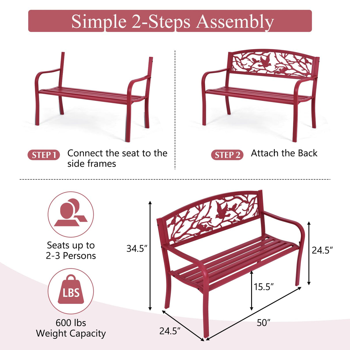 Giantex 50”Outdoor Bench with Cast Iron Backrest & Ergonomic Armrest,600 lbs Steel Metal Frame, Garden Bench for Park Front Porch Patio Lawn Backyard Balcony Path Entryway Deck, Red Bird Pattern Giantex