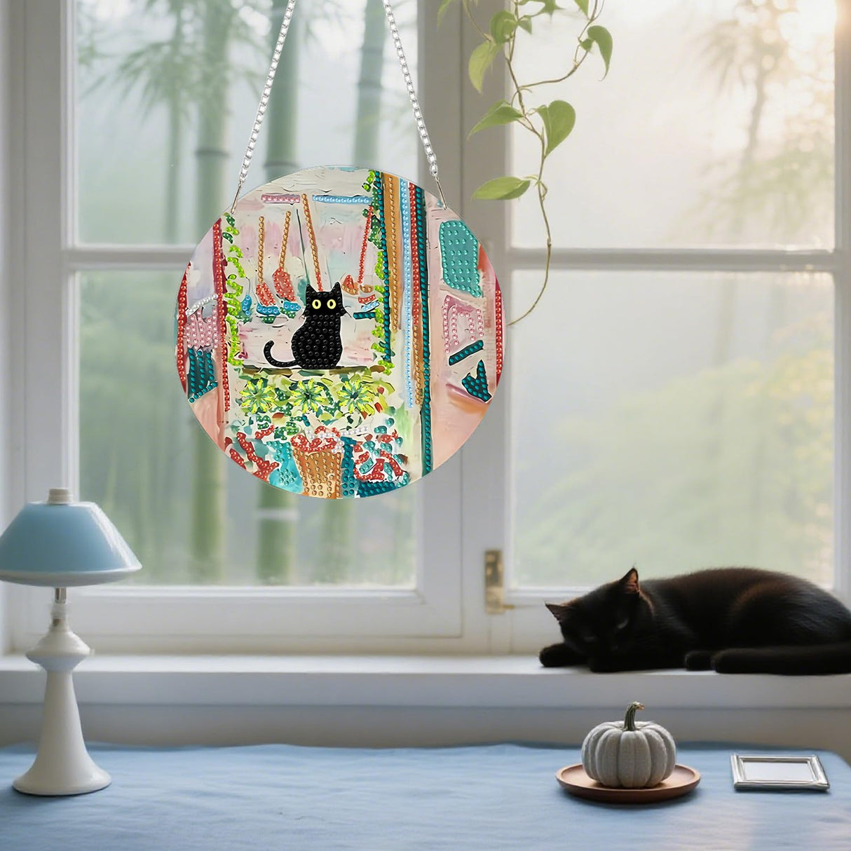 Black Cat Hanging Diamond Art Kits for Adults, Special Shaped Diamond Painting Pendant, DIY Acrylic Crystal Window Pendants Kits for Home Garden Wall, 5D Gem Art Ornament Kit Window Suncatcher GemZono