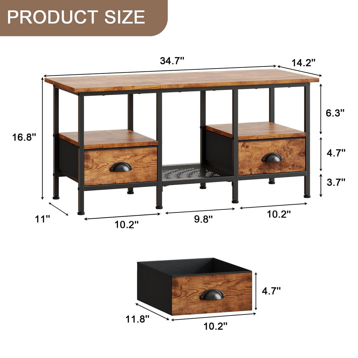 Furologee 35" Coffee Table with 2 Storage Drawers, Small Coffee Tables for Living Room, Industrial Center Table with 2 Tier Storage Shelf, Rustic Brown Furologee