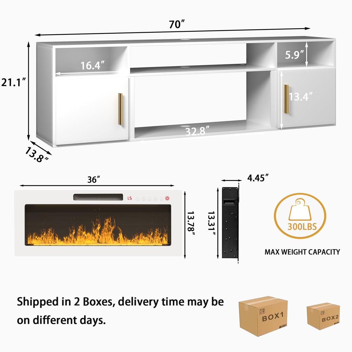 VENDORZ Floating TV Stand with Fireplace, 70" Floating Entertainment Center with White Fireplace, Wall Mounted Electric Fireplace TV Stand for Living Room Media Console with Storage Up to 80" TVs VENDORZ