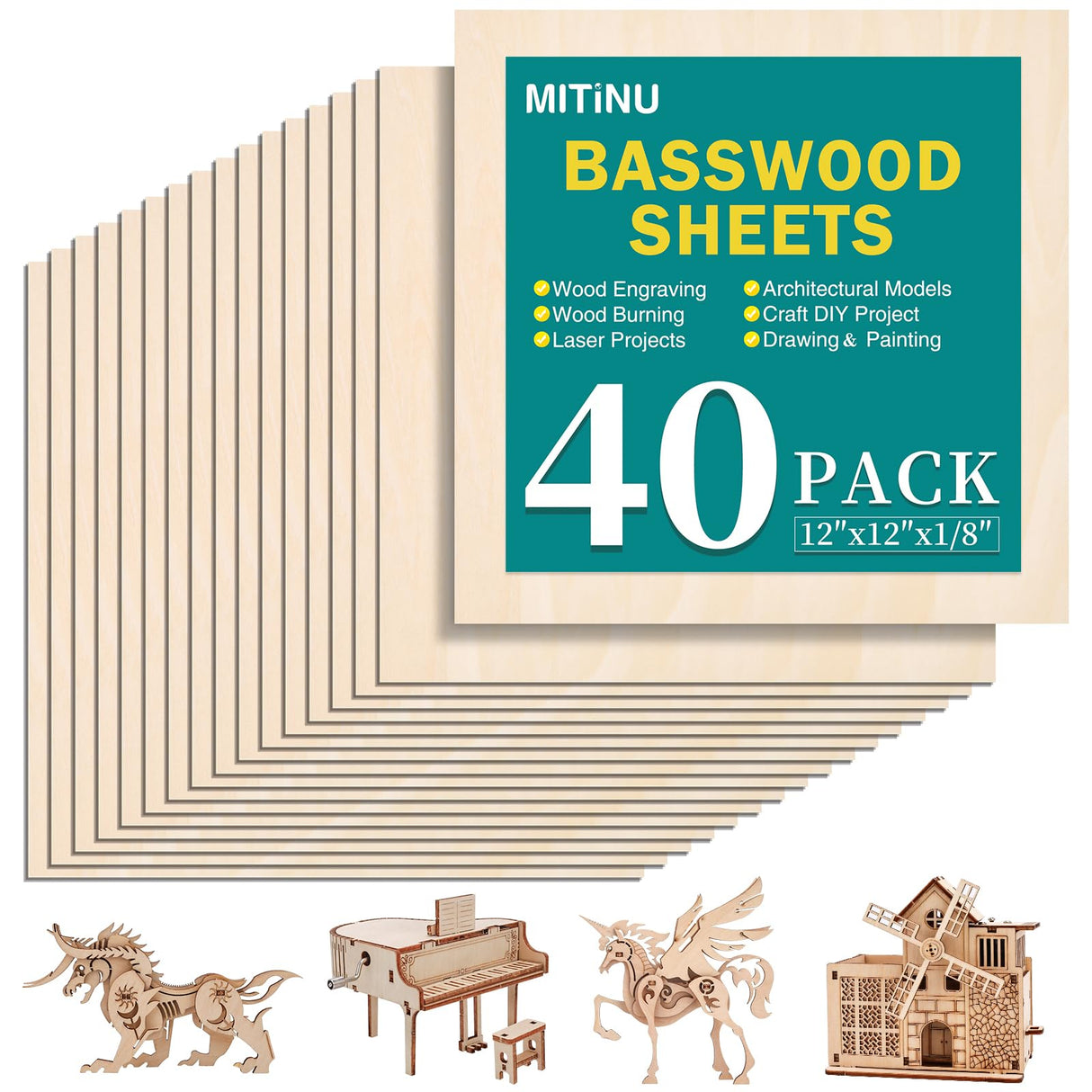 MITINU 40 Pack Basswood Sheets for Crafts,12"x12"x1/8" 3mm Thick Plywood Sheets with Smooth Surfaces-Unfinished Squares Wood Boards for Laser Cutting, Wood Burning, Architectural Models, Staining MITINU