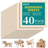 MITINU 40 Pack Basswood Sheets for Crafts,12"x12"x1/8" 3mm Thick Plywood Sheets with Smooth Surfaces-Unfinished Squares Wood Boards for Laser Cutting, Wood Burning, Architectural Models, Staining MITINU