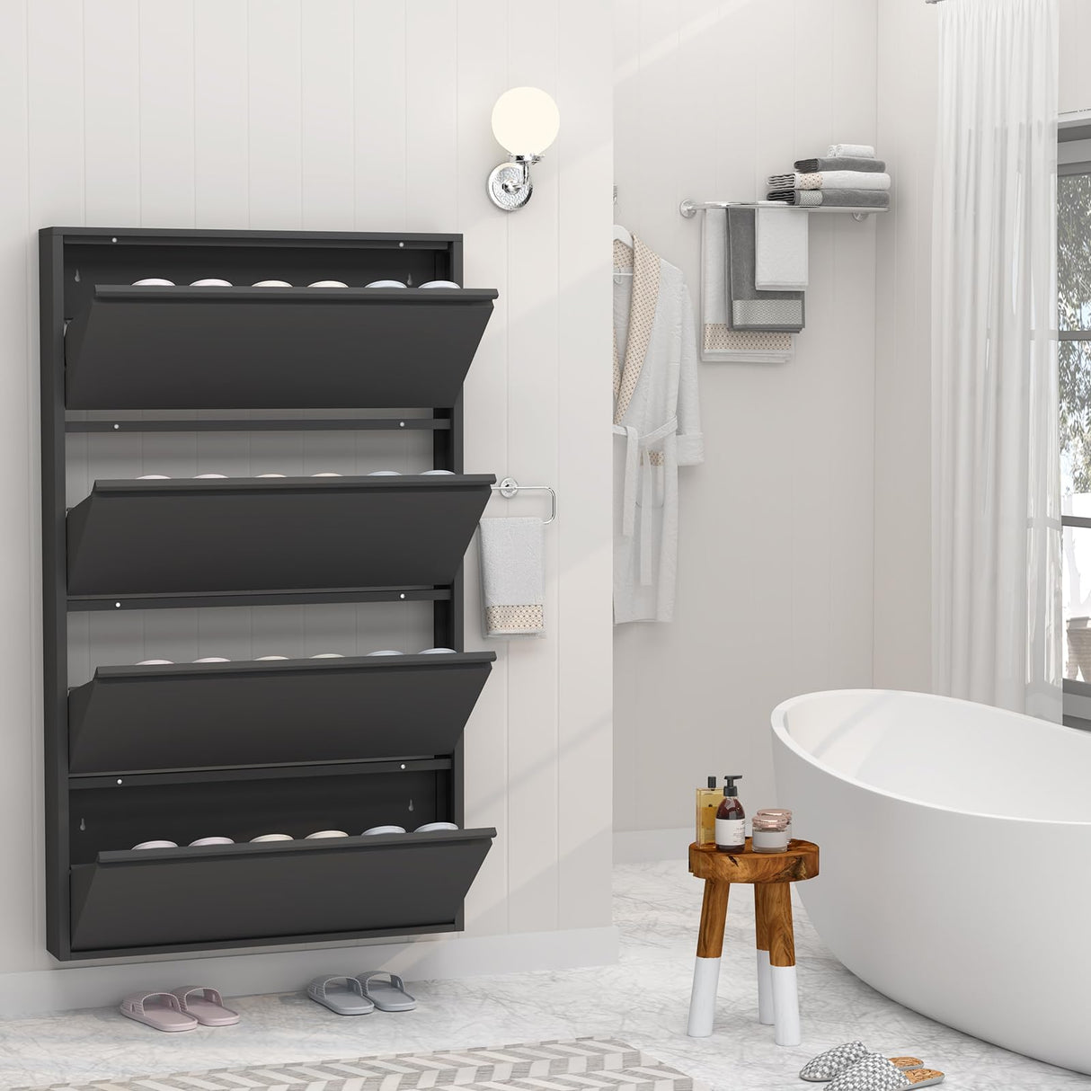 GREATMEET Black Shoe Cabinet Storage for Entryway, Narrow Shoe Cabinet for Entryway Slim, Wall Mounted Metal Hidden Shoe Organizer with 4 Flip Drawers GREATMEET