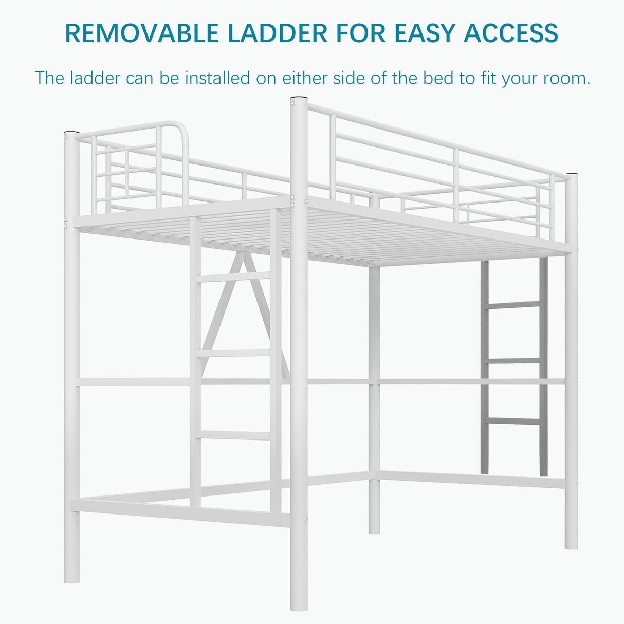 VECELO Twin Size Loft Bed with Full-Length Guardrails and Removable Ladder, Heavy-Duty Metal Frame, Space-Saving Design & Noise-Free, White VECELO
