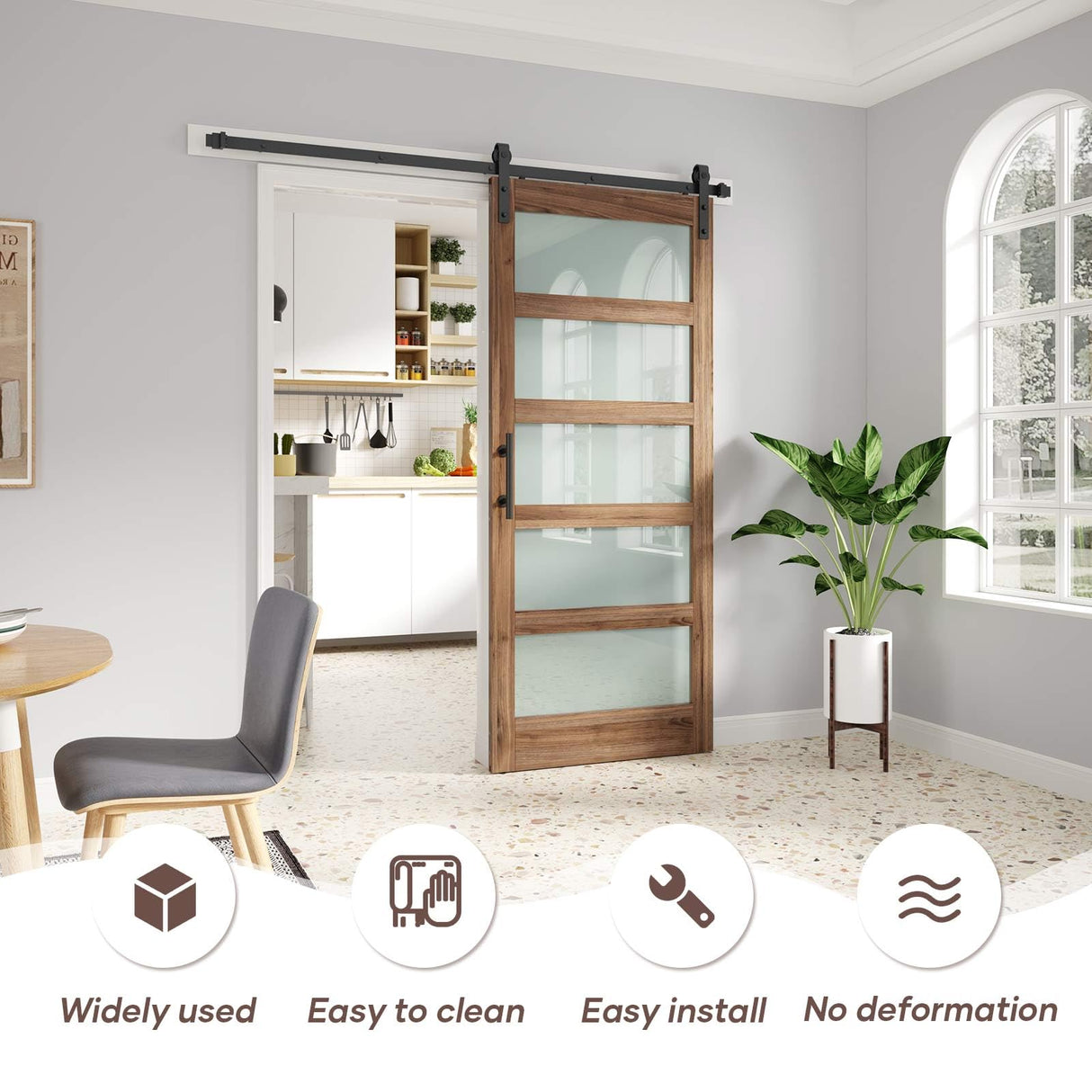 FREDBECK 36 x 84 inch Glass Barn Door with 6.6FT Barn Door Hardware Kit & Handle Included,5-Panel Frosted Glass, Water-Proof Surface,Pre-Drilled Holes,Need Assembly FREDBECK