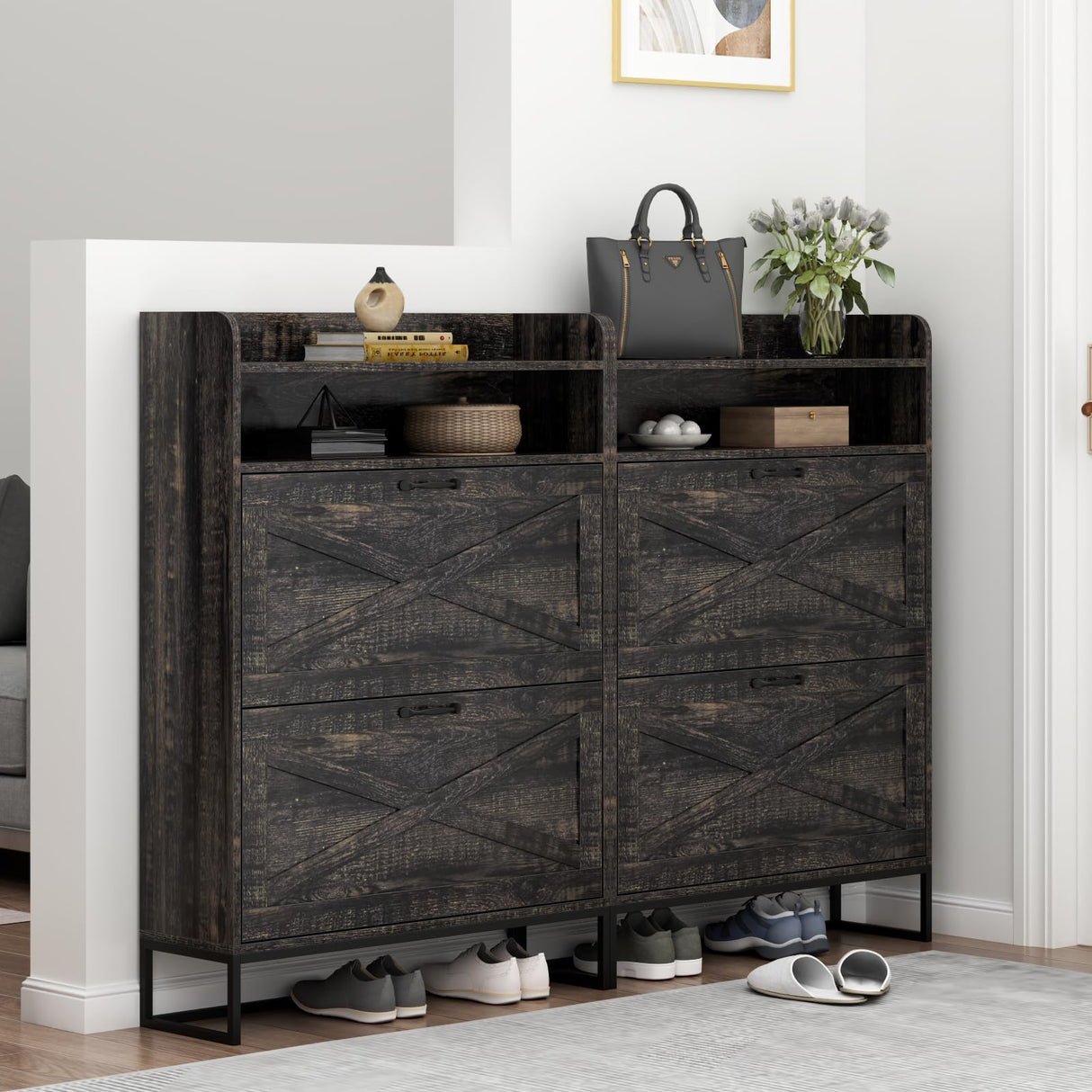 Auromie Shoe Cabinet, Freestanding Tipping Bucket Shoe Storage Cabinet with 2 Flip Drawers, Entryway Shoe Rack with Storage Top Cubby, Narrow Slim Hidden Shoe Organizer with Doors (Black Oak) Auromie