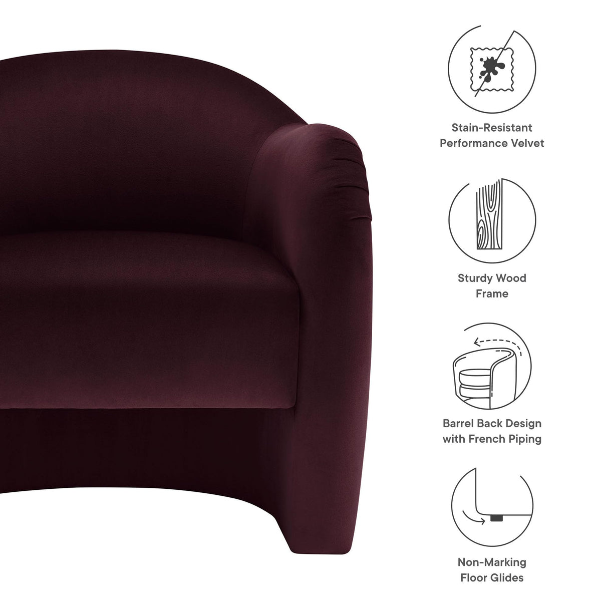 Modway Compose Barrel Chair with Performance Velvet Fabric in Mulberry – Upholstered Accent Armchair with Curved Backrest – Cozy Lounge Chair for Reading – Round Comfy Single Sofa Club Chair Modway