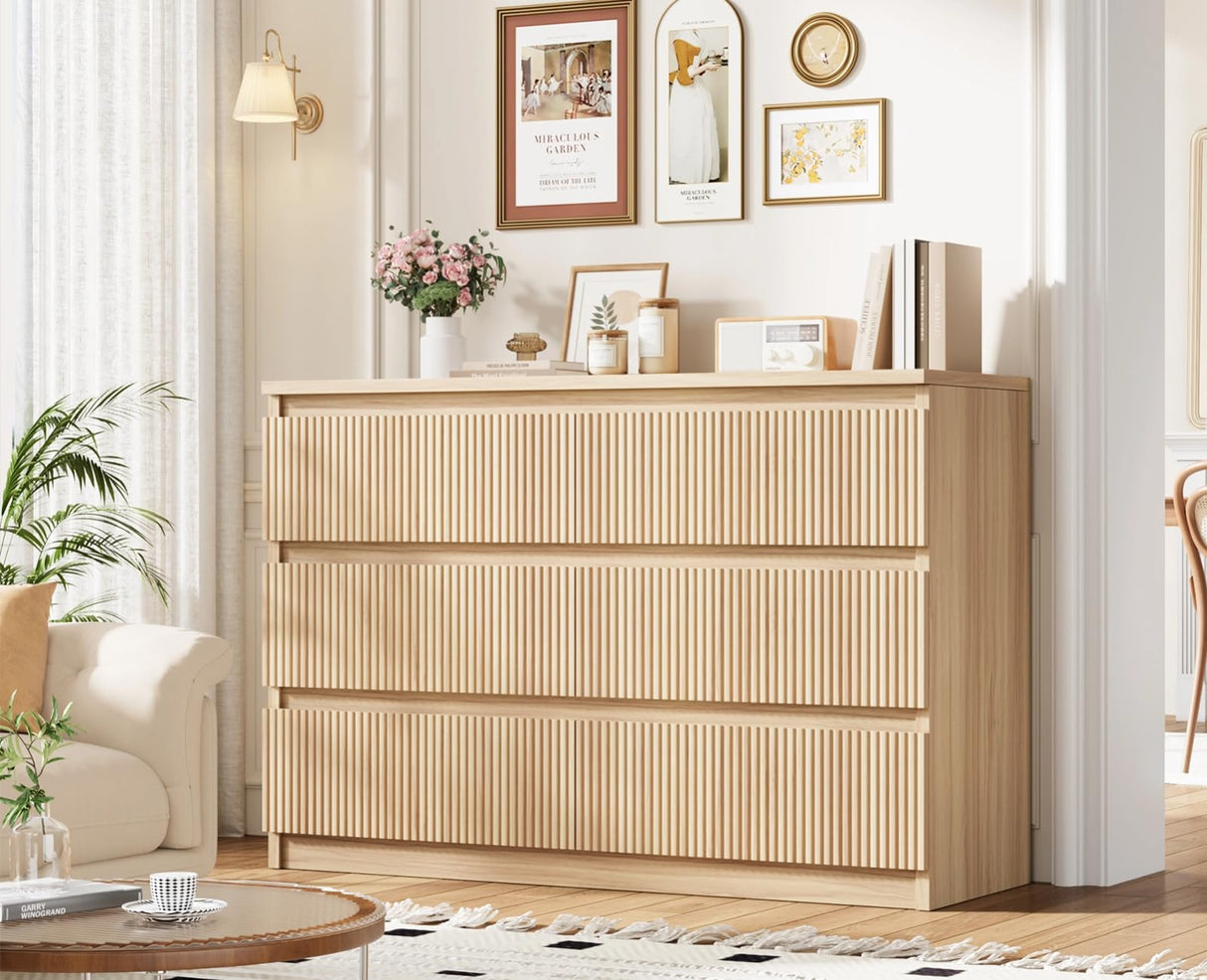 Jocoevol Oak 6 Drawer Dresser for Bedroom, Modern Fluted Dresser, Bedroom Dressers with Drawers, Large Double Wooden Chest of Drawers for Living Room, Hallway Jocoevol