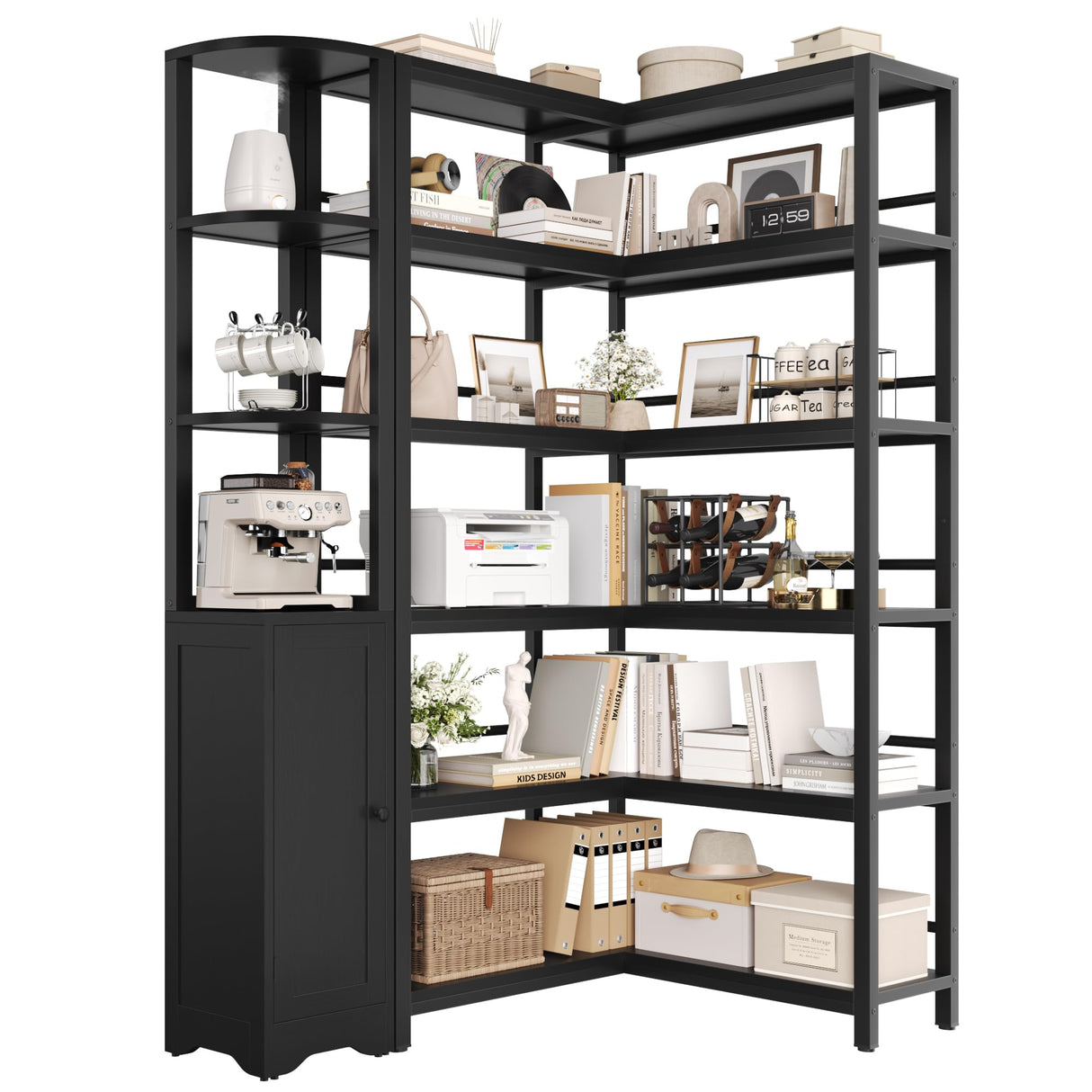 Keyluv Black Corner Bookshelf 72" Tall Corner Book Shelves Cases 2 Pieces Open Bookcase Large Storage Display Shelf Standing 6 Tier Shelving Unit with Cabinet for Home office Living Room, Wood & Metal Keyluv