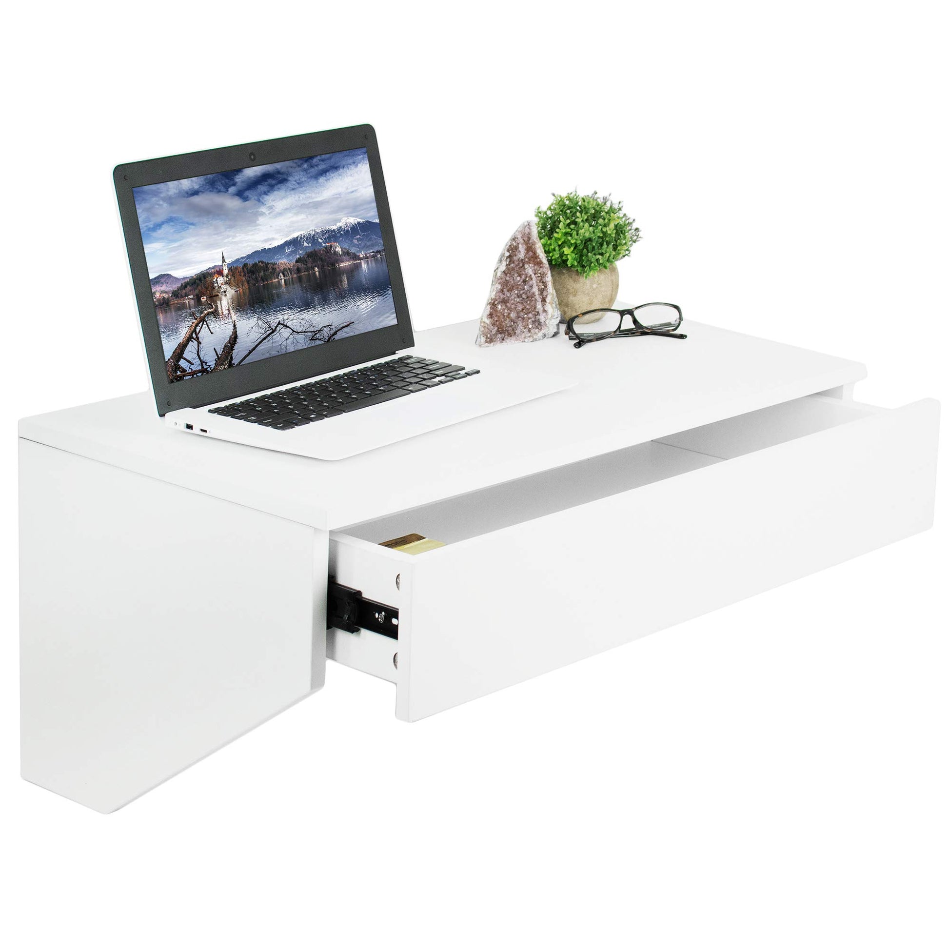 VIVO White Wall Mounted Desk with 28 inch Surface and Pull Out Drawer, Floating Wall Organizer, Under Storage Workstation, DESK-SF01W - WoodArtSupply