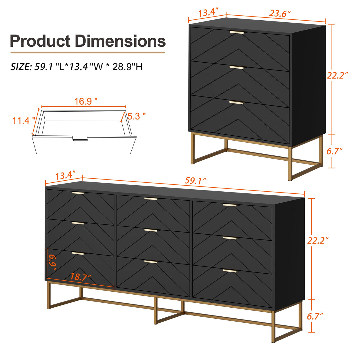 Scurrty 59" Large Chest of Drawers, Storage Cabinet 9 Drawer Dresser with Lines, Black Dressers with Storage,Dressers for Living Room, Bedroom Scurrty