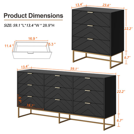 Scurrty 59" Large Chest of Drawers, Storage Cabinet 9 Drawer Dresser with Lines, Black Dressers with Storage,Dressers for Living Room, Bedroom Scurrty