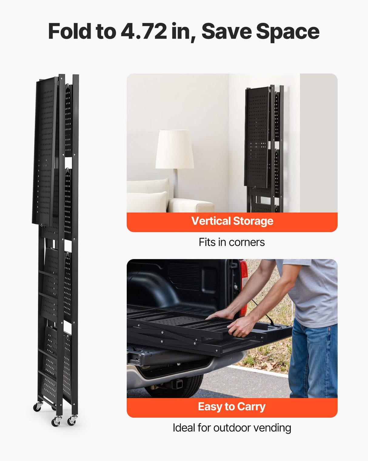 VEVOR 5-Tier Foldable Storage Shelf, 28W x 13D x 66H Inch Folding Metal Rack Shelving Unit, No Assembly Organizer Shelf with 5 Wheels & 4 Hooks for Pantry, Kitchen, Garage, Basement, Black VEVOR