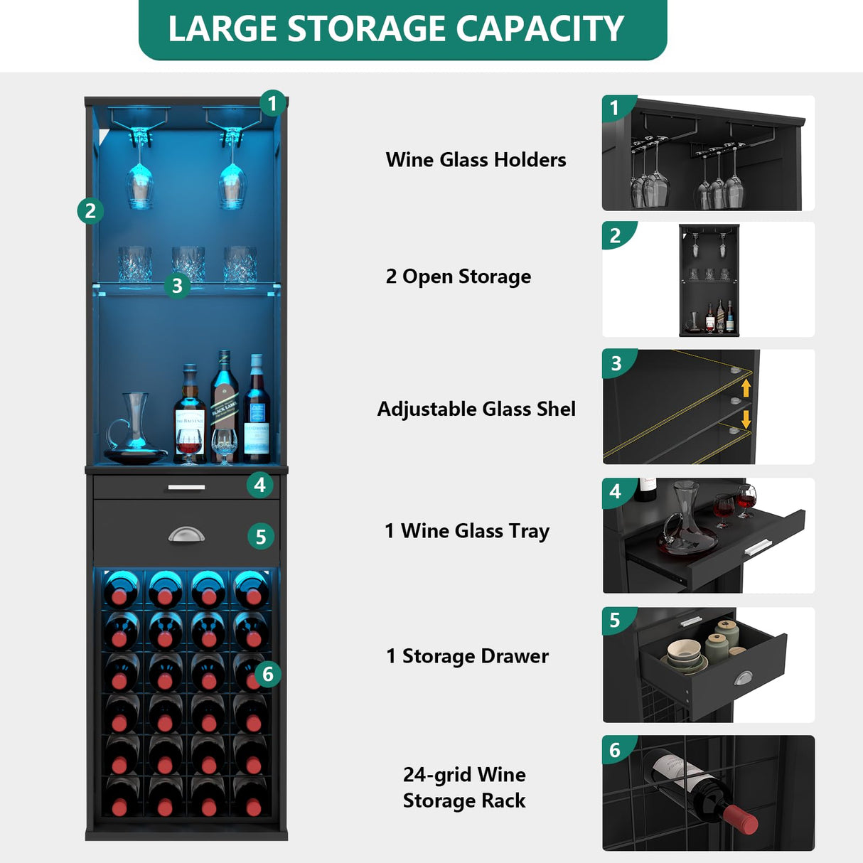 Loomie Wine Bar Cabinet with LED Lights, 65'' Tall Coffee Bar with 24 Wine Rack & Glass Holder, Freestanding Liquor Cabinet with Tray & Drawer & Adjustable Shelf (Black) Loomie