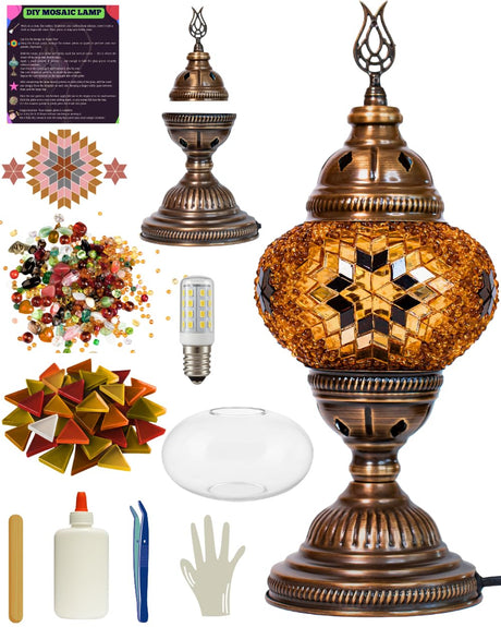 DEMMEX DIY Turkish Mosaic Lamp Making Kit – No Grout Needed – Fun, Easy, No Experience Required – Complete Mosaic Art & Craft Project Kit for Adults & Teens – Make Your Own Table Lamp (Brown&Amber) DEMMEX