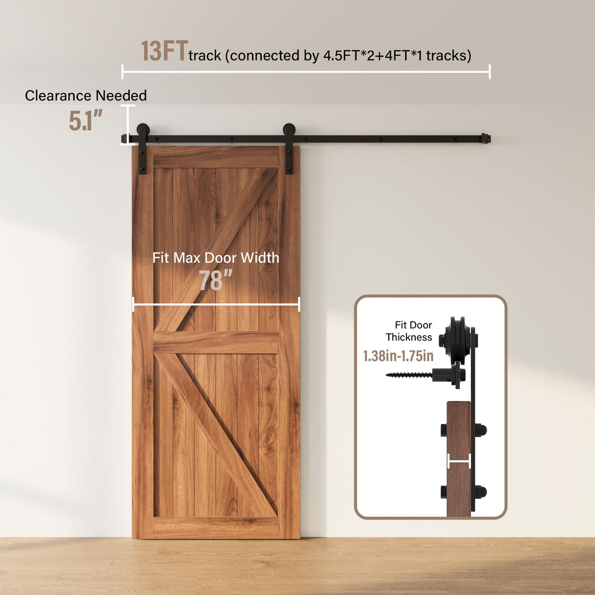 WINSOON 13FT Barn Door Hardware Kit: Single Sliding Door Hardware - Heavy Duty Black Barn Door Track Kit - Carbon Steel Sliding Barn Door Rail - J-Shape Easy to Install for 83" Closet Panel(No Door) WINSOON