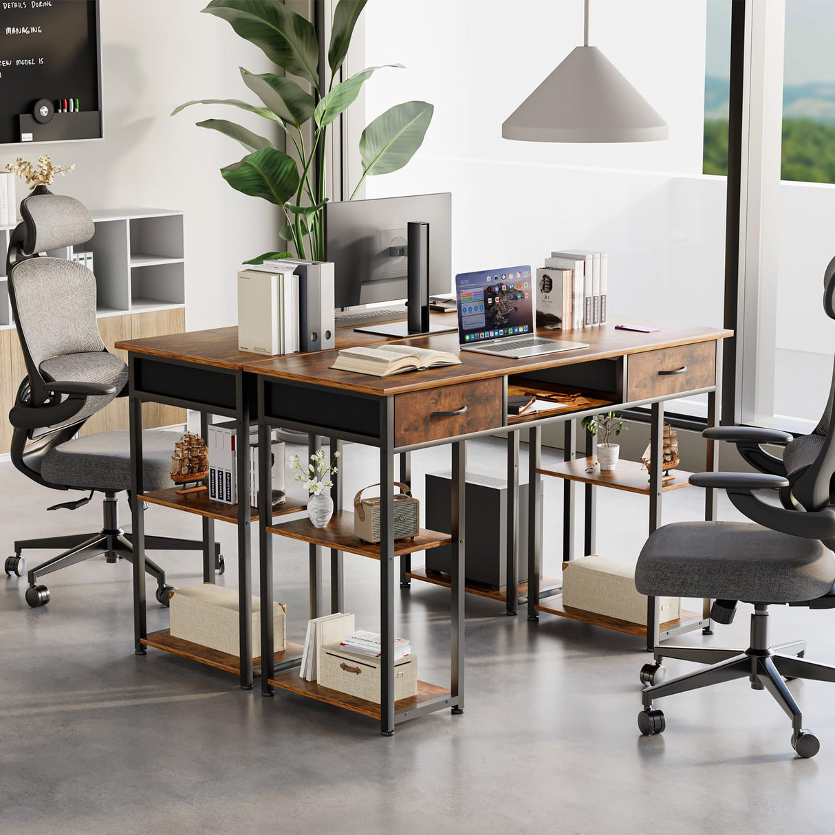 Sweetcrispy Computer Desk 48 Inch Home Office Bedroom Writing Study PC Table with Fabric Drawers Storage Shelves Space Side Bag Headphone Hook Metal Frame Adjustable Feet Modern Simple Style Sweetcrispy